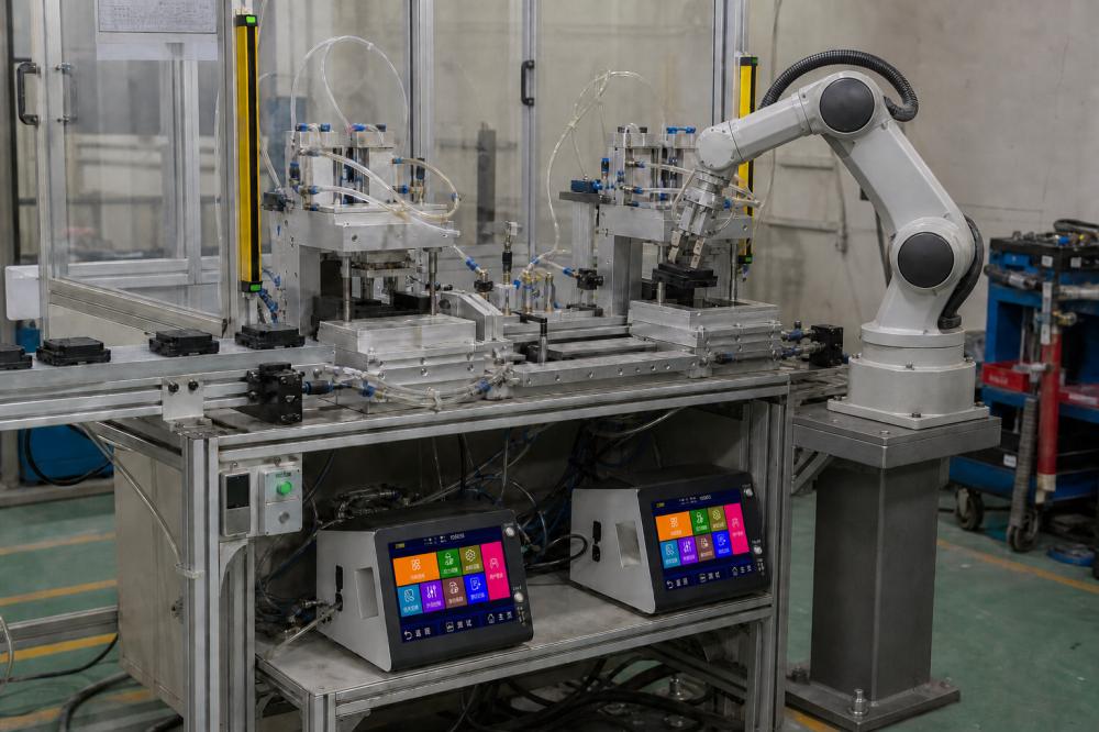 Industrial robot loading and unloading waterproof electronic products on a multi-station leak testing fixture