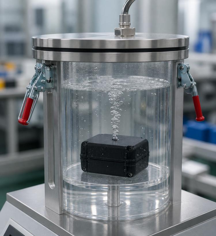 Water immersion leak tester supplying air from the top of the tank while observing whether bubbles appear around the product in the water