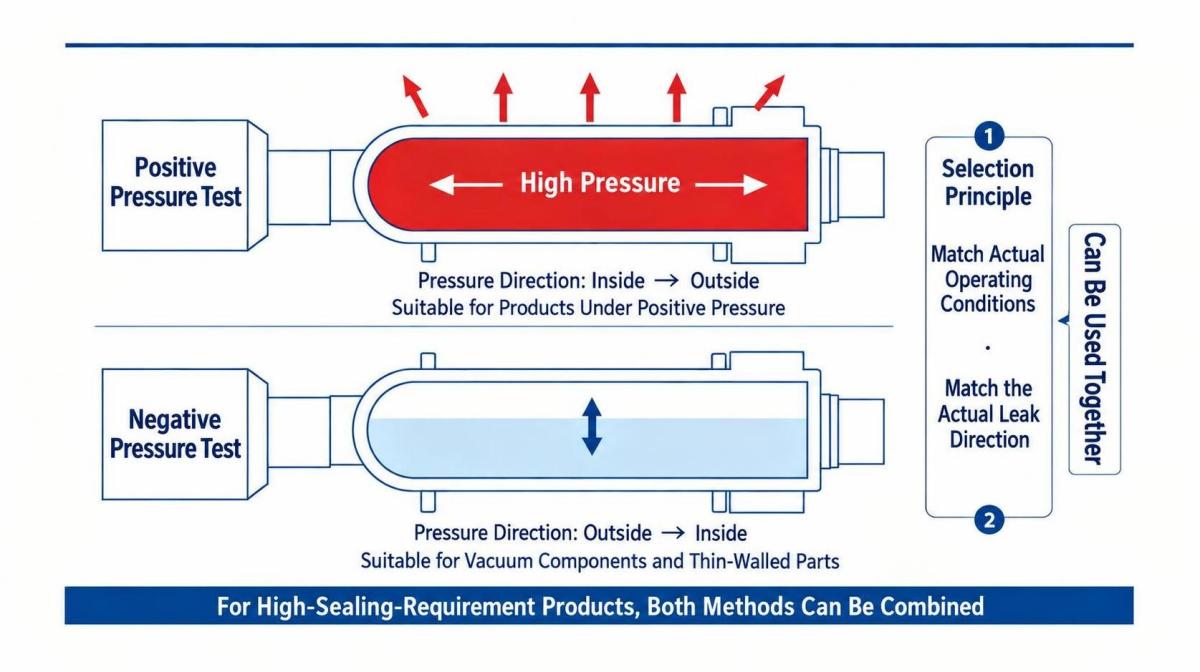 Comparison of positive pressure testing with air leaking outward from the workpiece and negative pressure testing with outside air entering through a leak