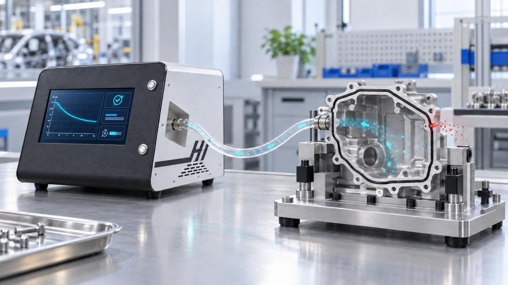 Leak tester connected to a sealing fixture for negative pressure vacuum leak testing of an automotive aluminum alloy housing