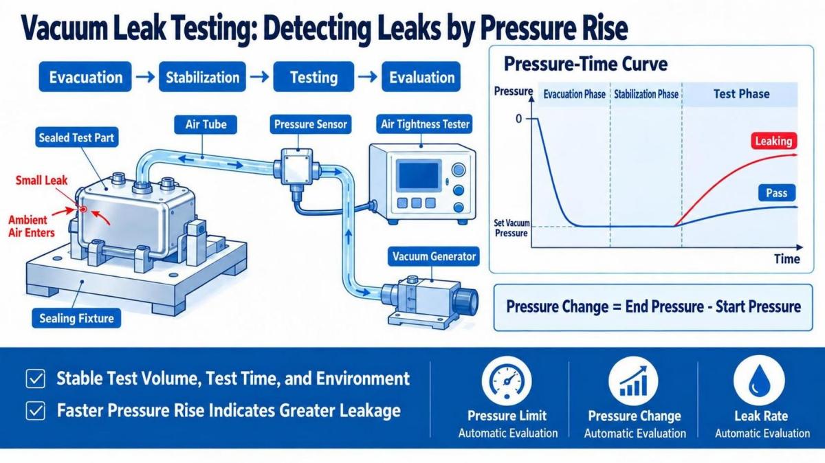 Vacuum leak testing system showing the test circuit, pressure recovery curve, pressure change formula, and pass or fail leak detection principle